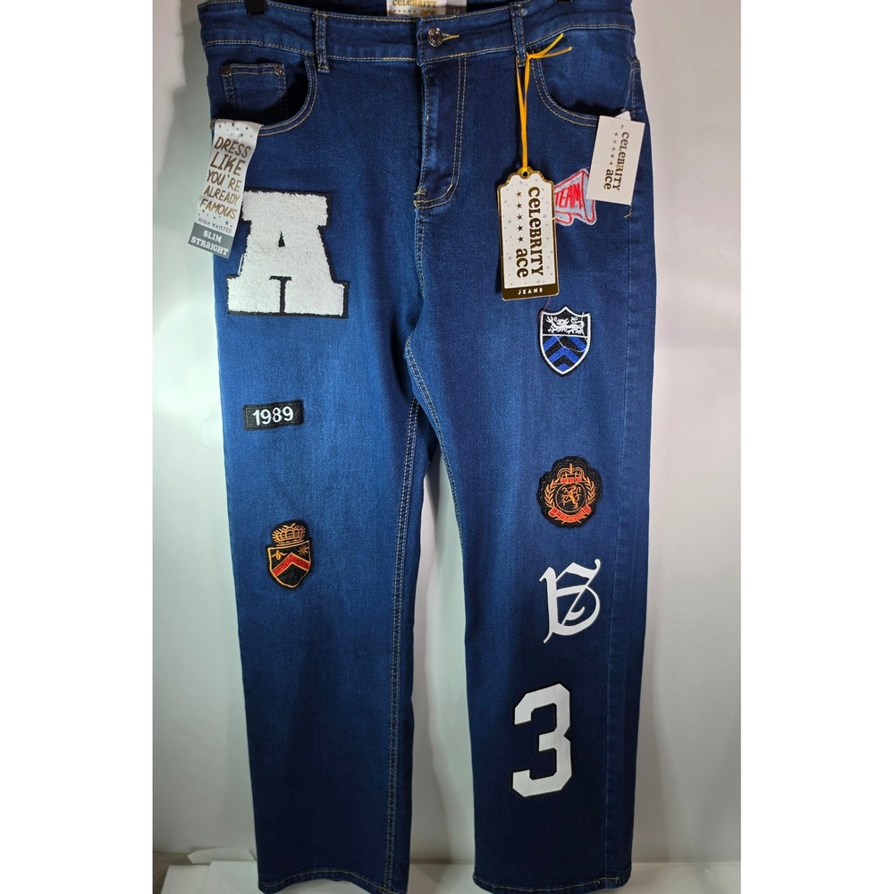 Celebrity Ace Patched Varsity Jeans 14 Slim Straight 1989 Collegiate Denim NWT